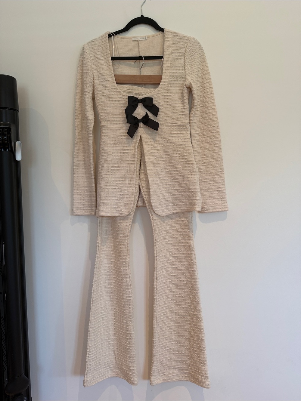 Zara Cream Textured Knit Top with Black Bows and Flared Pant Set size Small